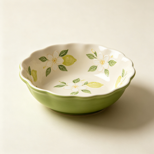Green Lemon Floral Ceramic Bowl