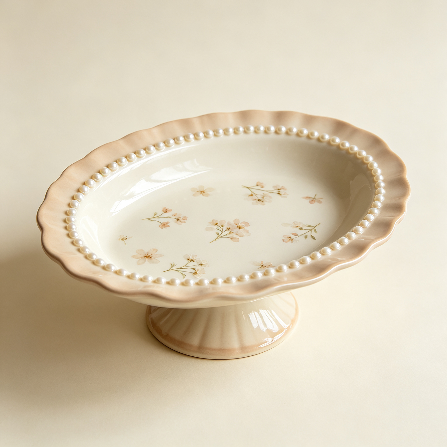 Pearl Rim Floral Pedestal Dish