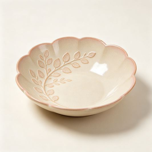 Pink Leaf Scalloped Ceramic Bowl