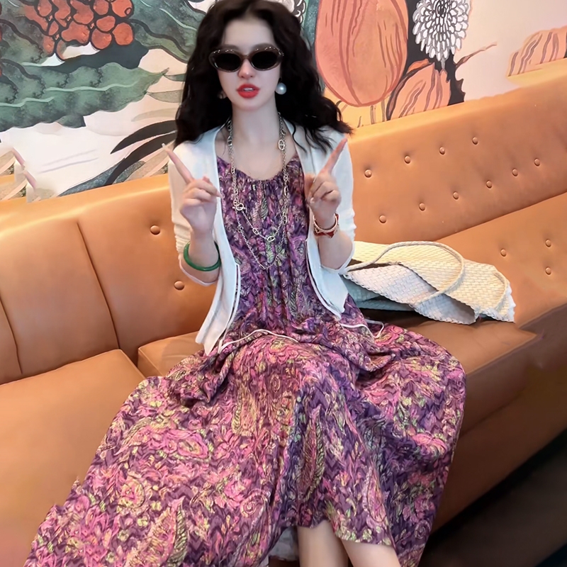 復古紫色吊帶裙