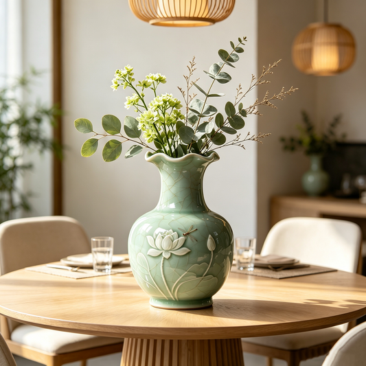 Celadon Lotus Dragonfly Vase
