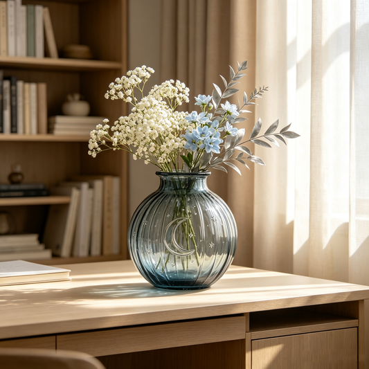 Blue Ribbed Moon Glass Vase