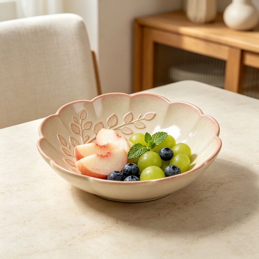 Pink Leaf Scalloped Ceramic Bowl