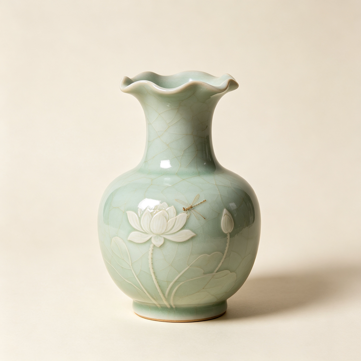 Celadon Lotus Dragonfly Vase